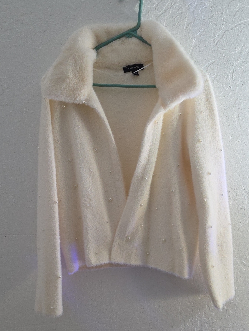 Cream Faux Fur Collar Beaded Cardigan